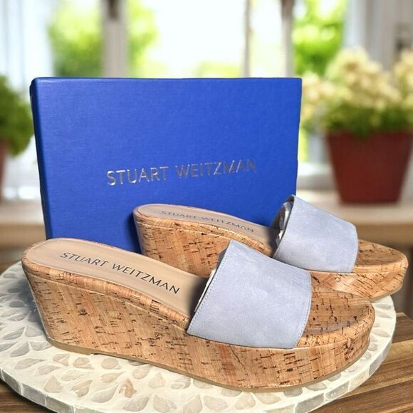 Stuart Weitzman $375 Summer Suede Leather Wedge Slide Sandals Cork Platform Slip - Picture 3 of 14